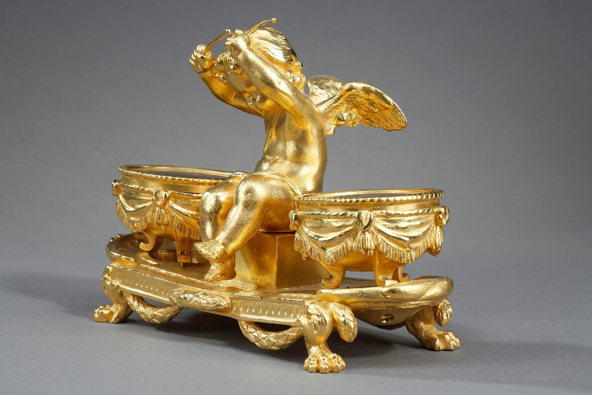 Encrier en bronze doré, "L'Amour timbalier", de style Louis XVI-photo-3