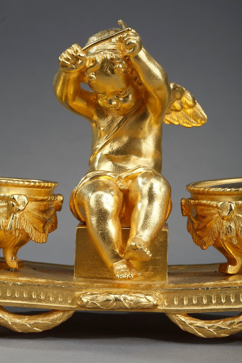 Encrier en bronze doré, "L'Amour timbalier", de style Louis XVI-photo-5