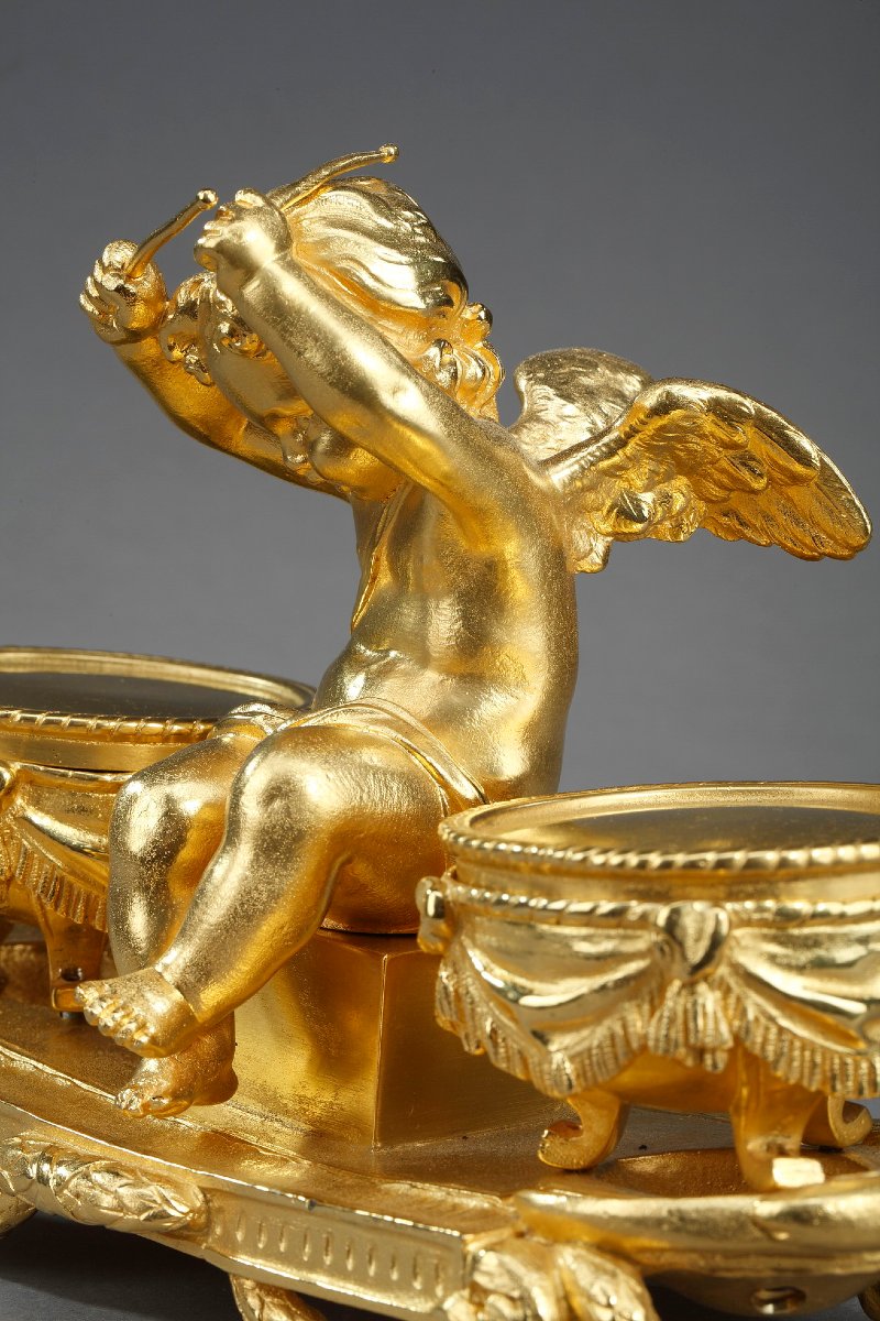 Encrier en bronze doré, "L'Amour timbalier", de style Louis XVI-photo-6