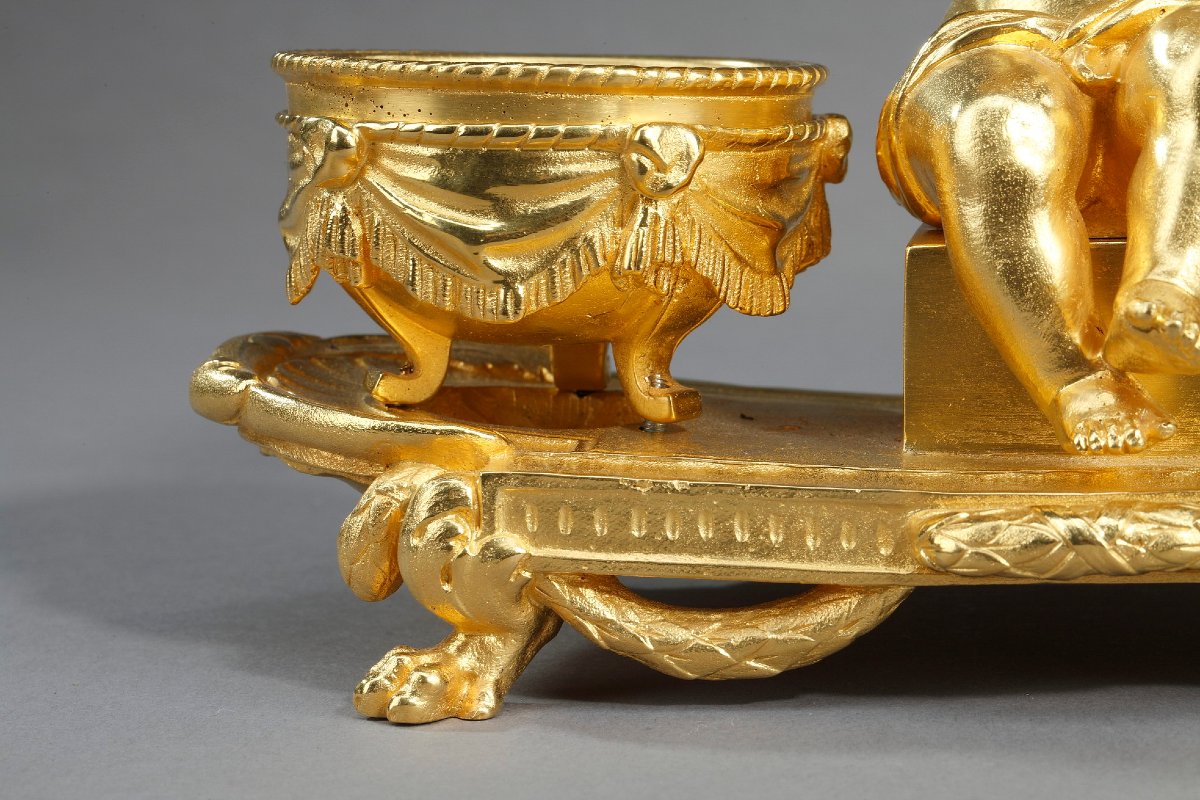 Encrier en bronze doré, "L'Amour timbalier", de style Louis XVI-photo-8