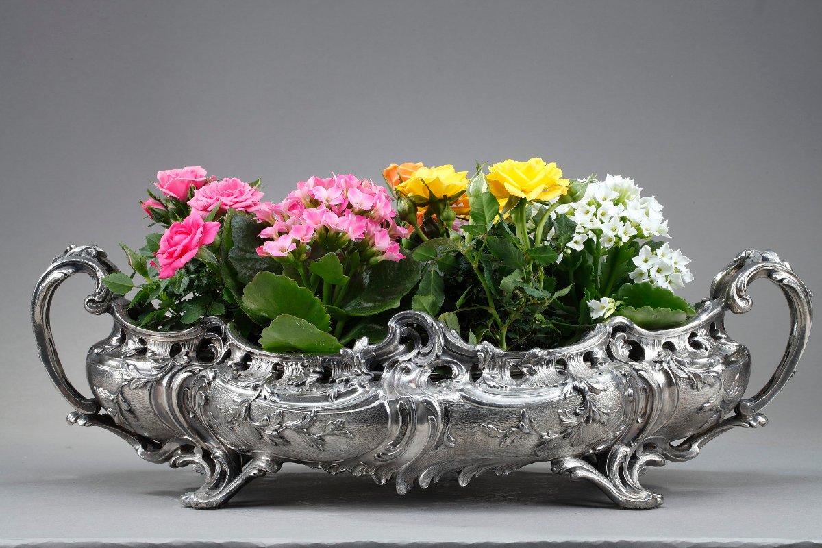 Large Silver-plated Bronze Planter In The Louis XV Style, 19th Century-photo-2