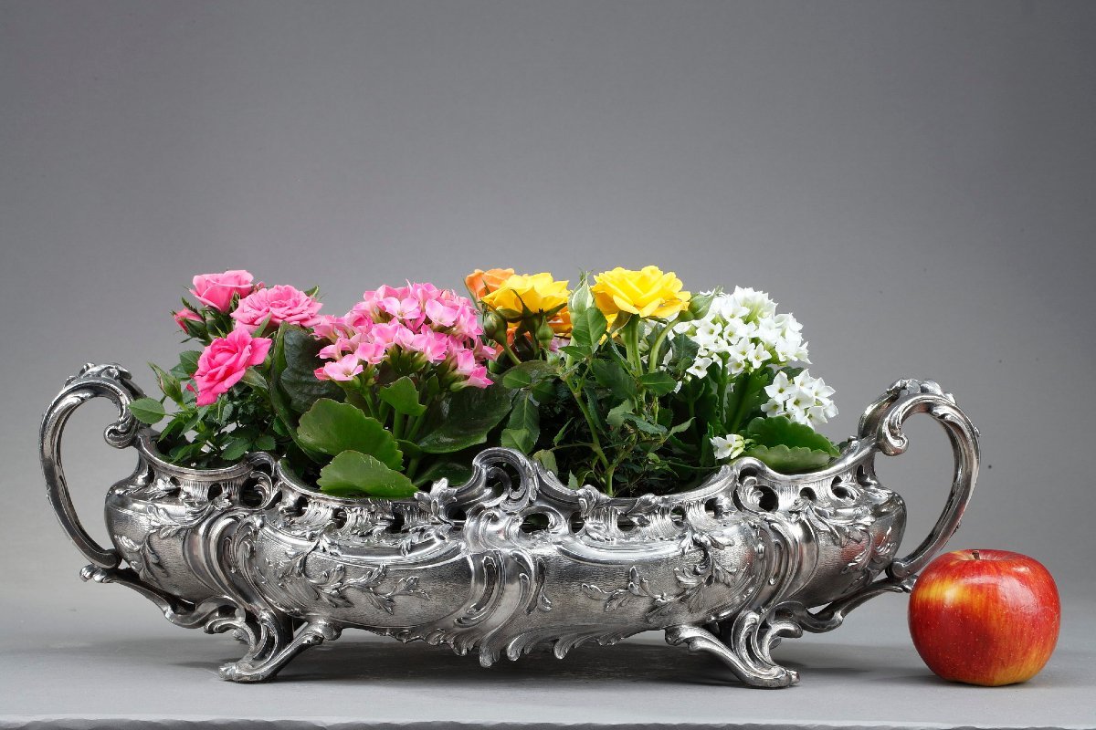 Large Silver-plated Bronze Planter In The Louis XV Style, 19th Century-photo-3