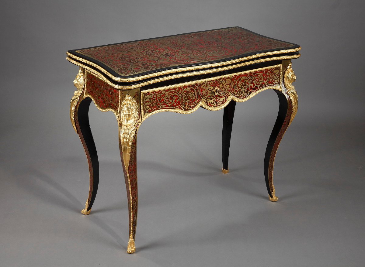 Console-table à jeu en marqueterie Boulle-photo-3