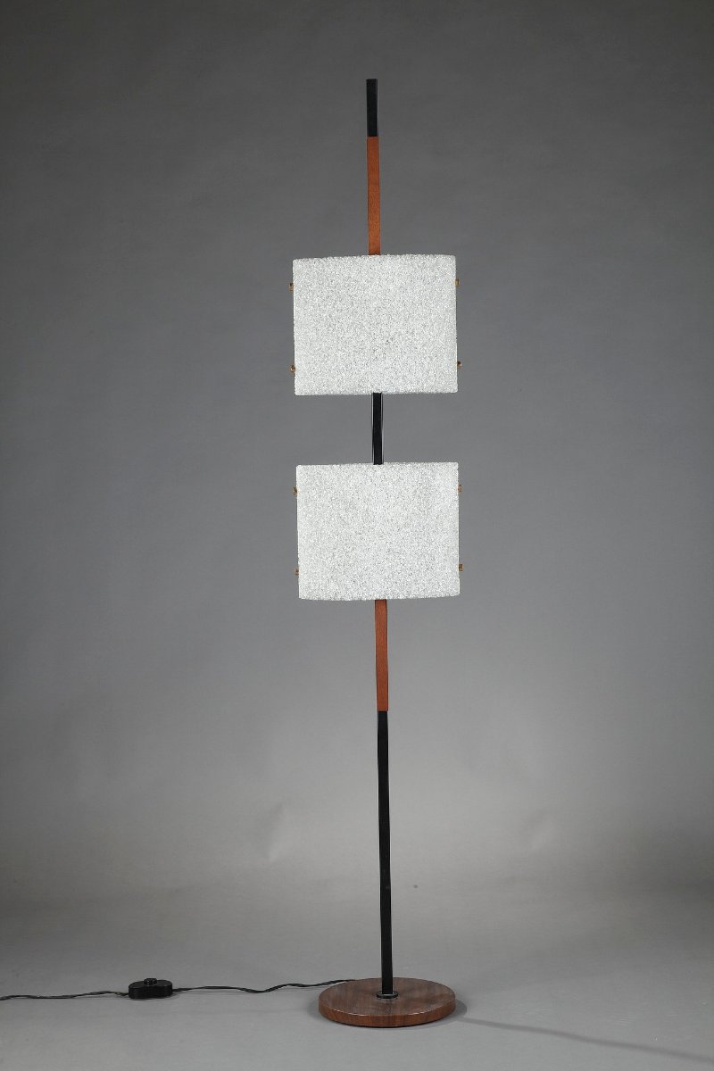 Lampadaire scandinave en acier laqué noir et teck à deux diffuseurs-photo-2