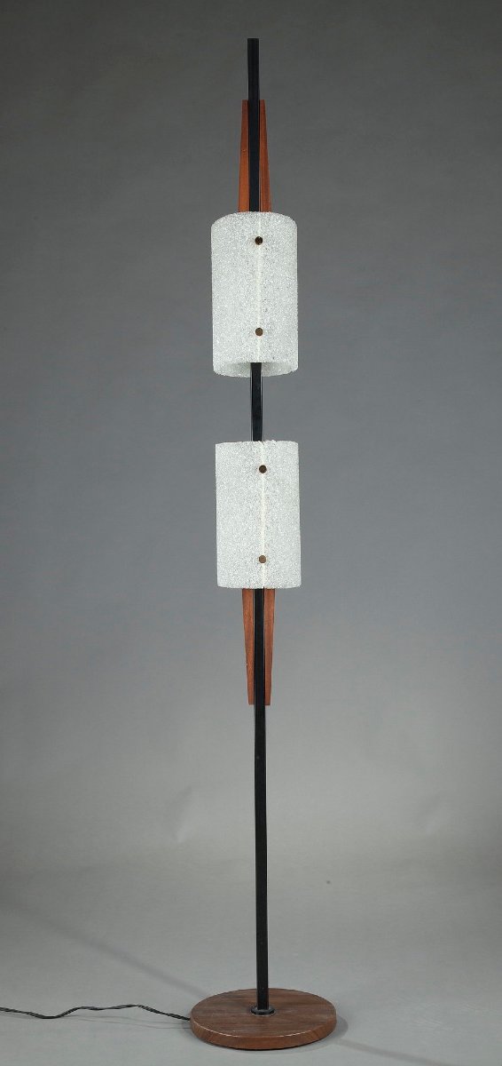 Lampadaire scandinave en acier laqué noir et teck à deux diffuseurs-photo-4