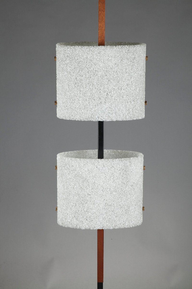 Lampadaire scandinave en acier laqué noir et teck à deux diffuseurs-photo-2
