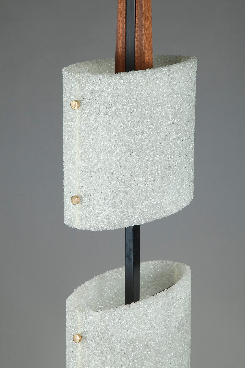 Lampadaire scandinave en acier laqué noir et teck à deux diffuseurs-photo-5