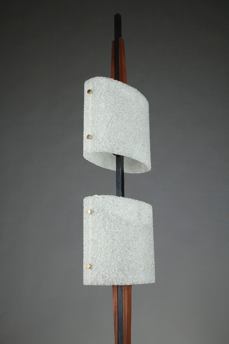 Lampadaire scandinave en acier laqué noir et teck à deux diffuseurs-photo-6