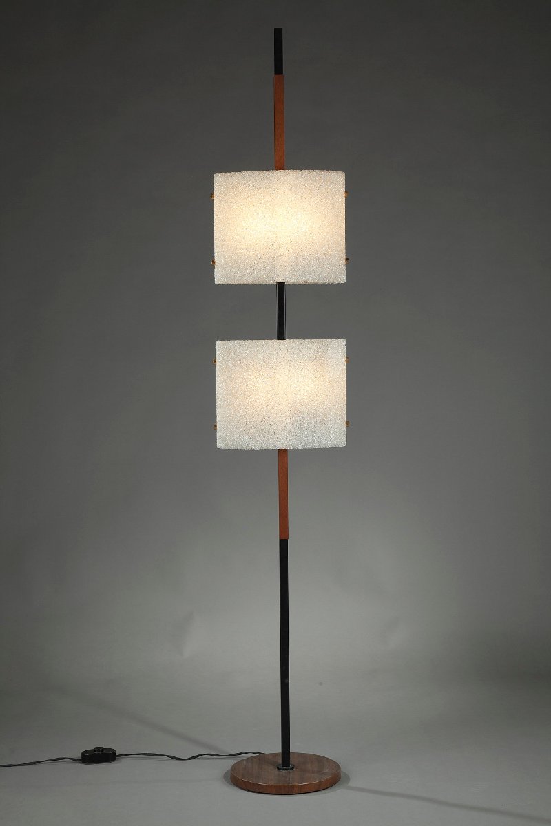 Scandinavian Floor Lamp In Black-lacquered Steel And Teak With Two Shades