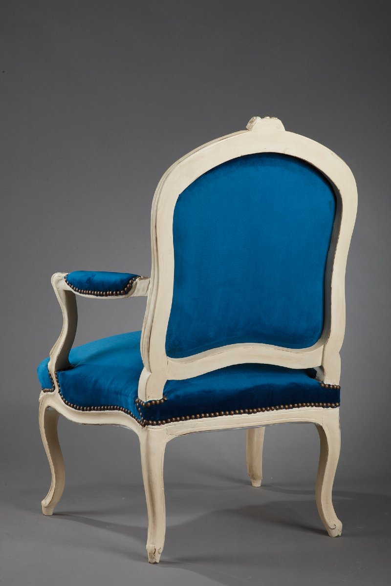 Quatre fauteuils en velours bleu canard d'époque Louis XV-photo-4