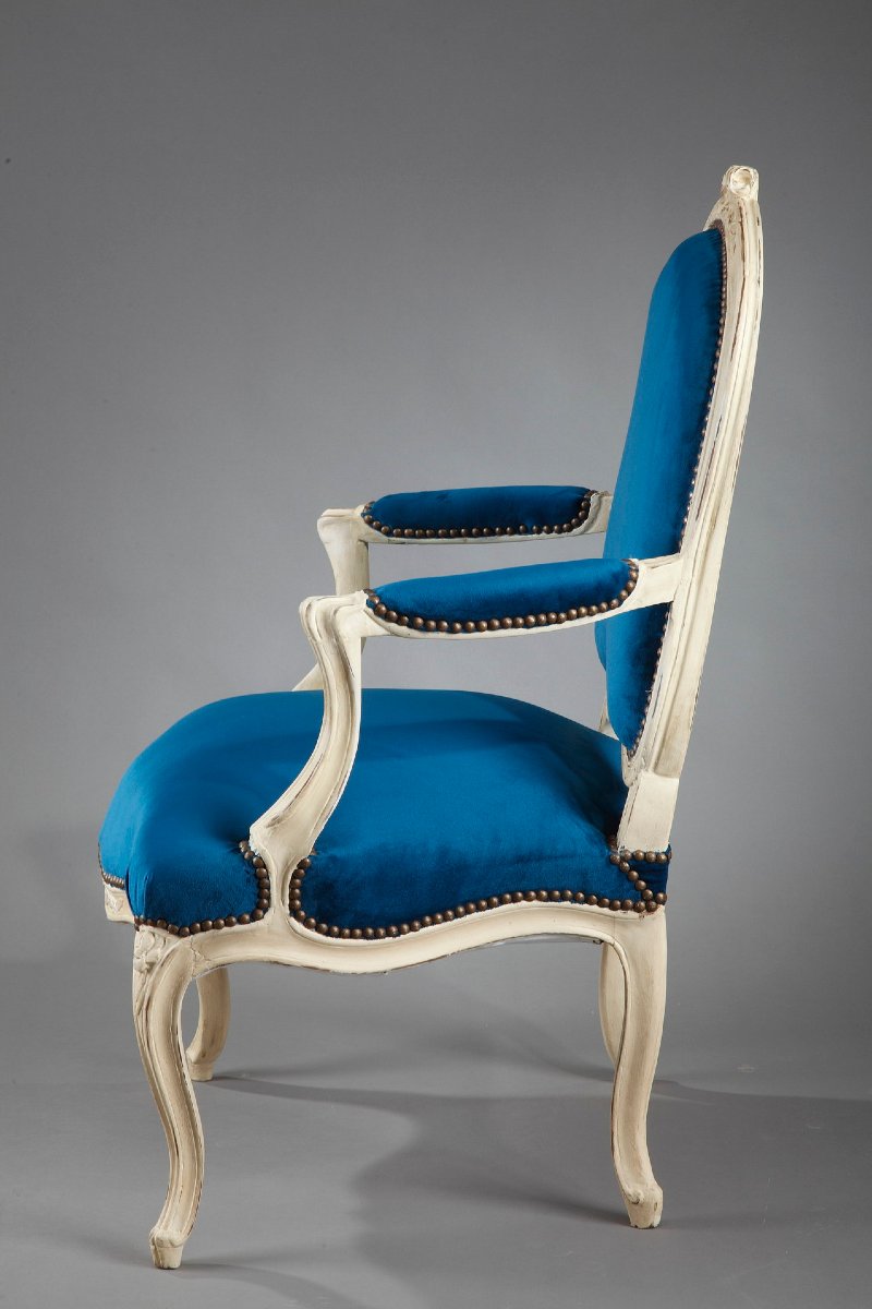 Quatre fauteuils en velours bleu canard d'époque Louis XV-photo-1