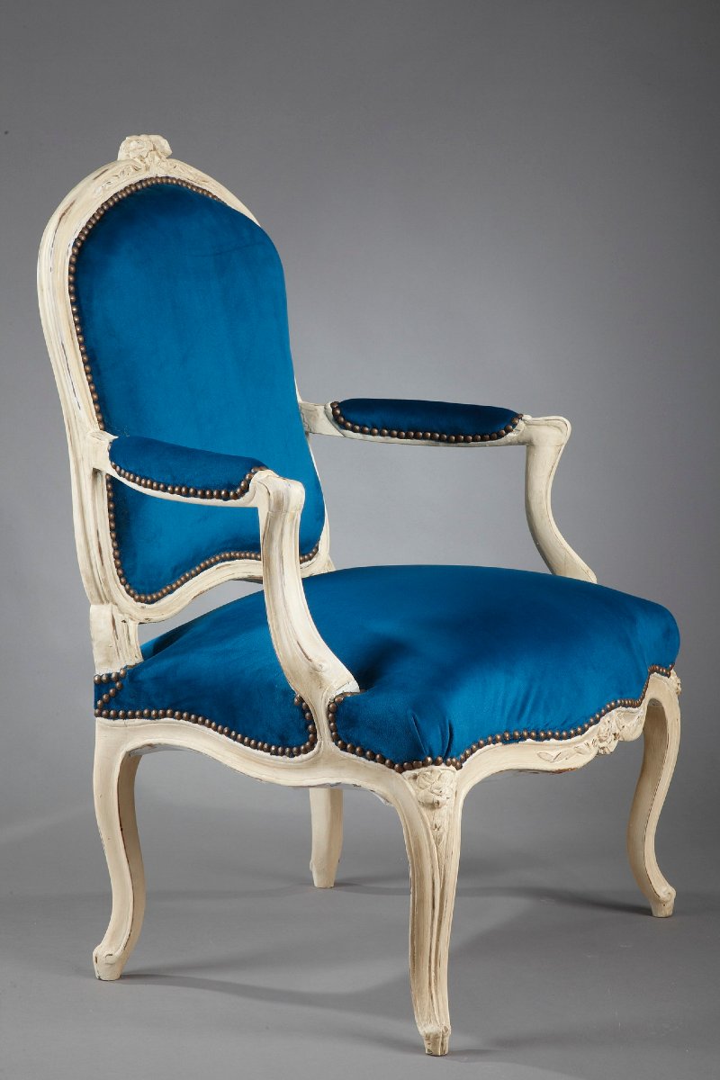 Quatre fauteuils en velours bleu canard d'époque Louis XV-photo-2