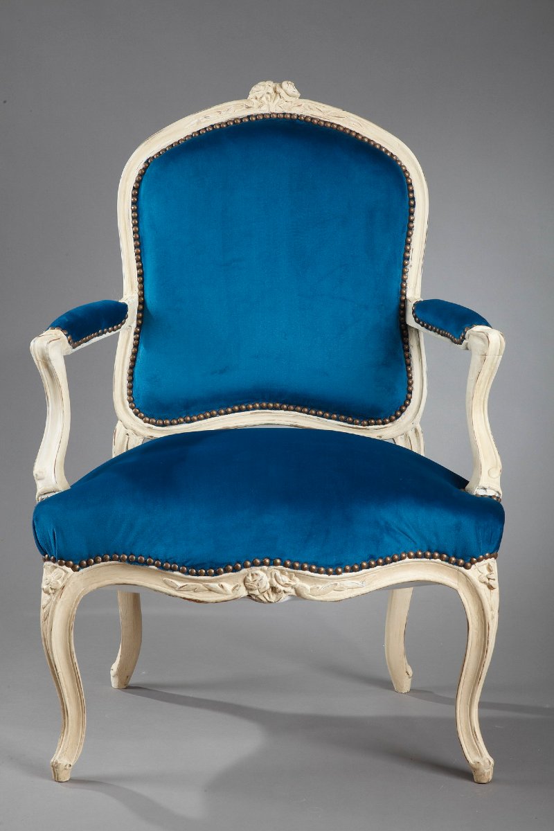 Quatre fauteuils en velours bleu canard d'époque Louis XV-photo-3