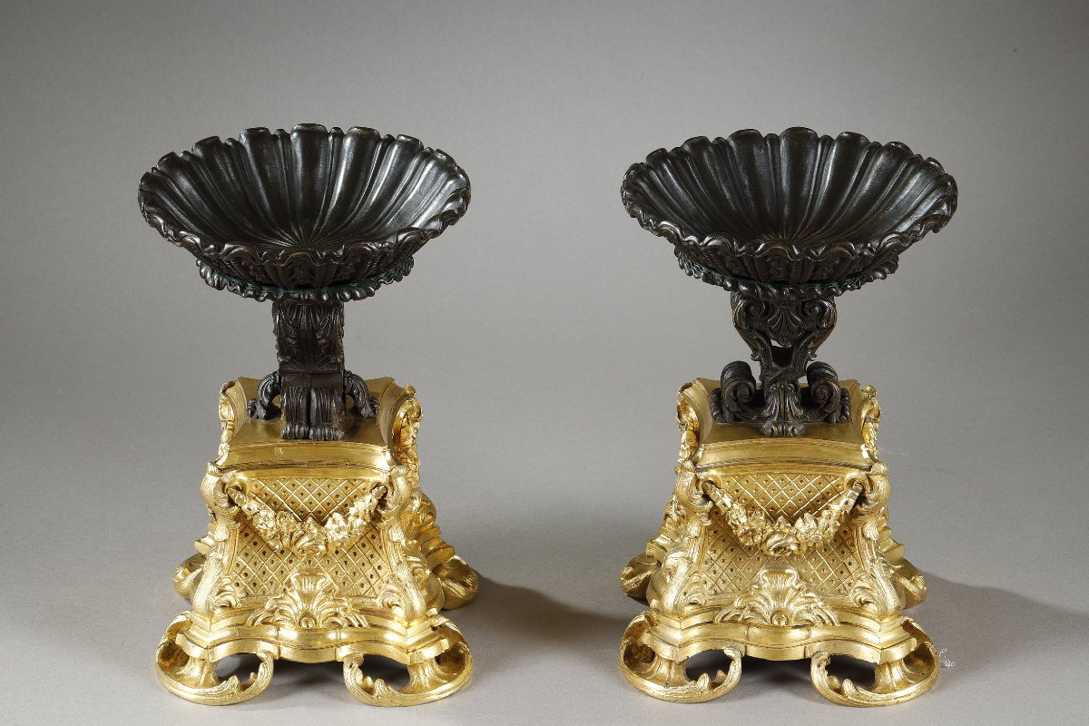 Paire de coupes en bronze doré et patiné, XIXème siècle -photo-2