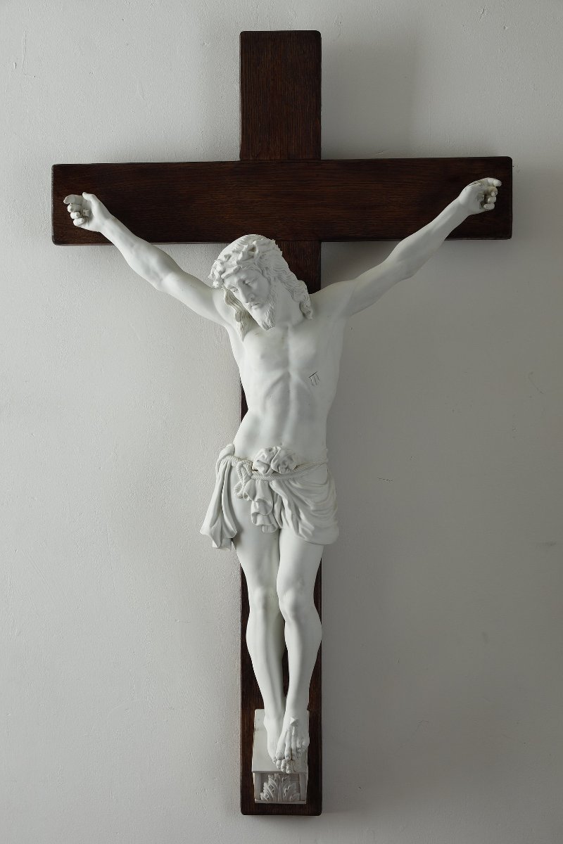 Imposing Bisque Sculpture Of Christ On The Cross 