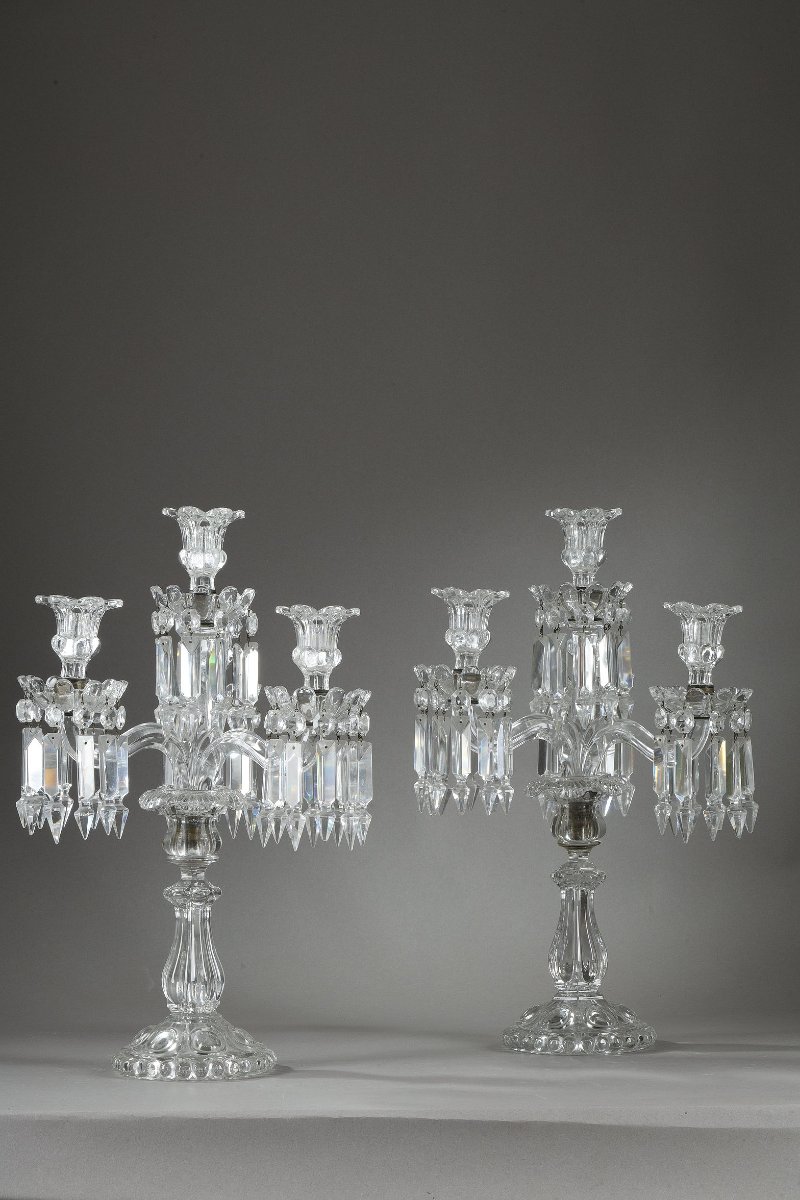 Pair Of Four-light Baccarat Candelabras Made Of Molded Crystal