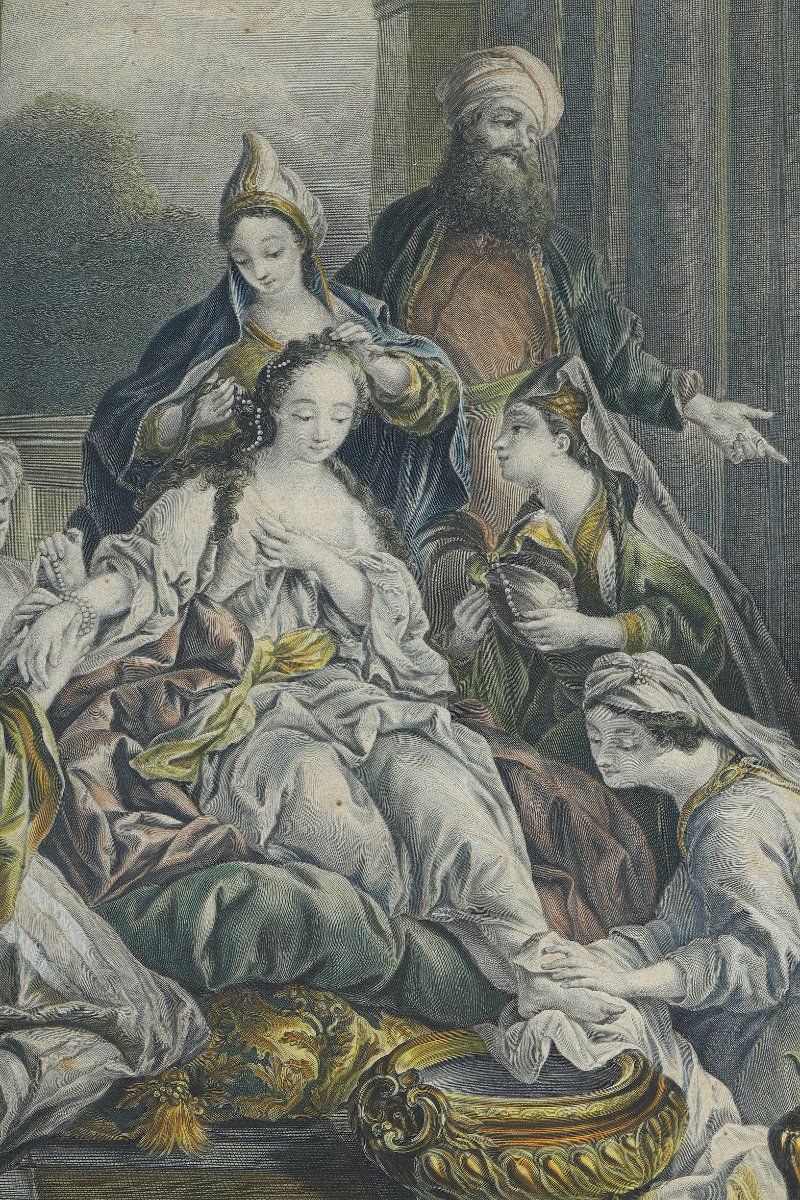Engraving Enhanced With Watercolor, "esther's Toilet," Late 18th Century-photo-1