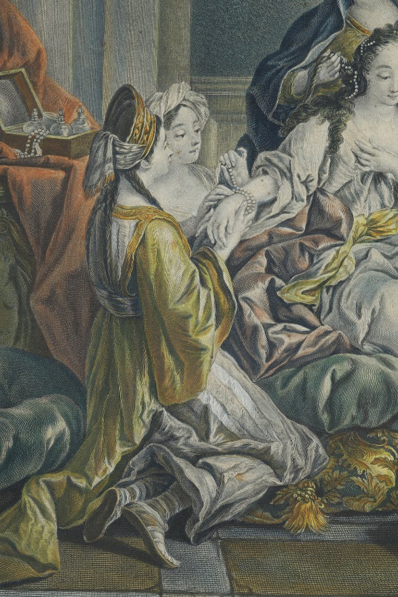 Engraving Enhanced With Watercolor, "esther's Toilet," Late 18th Century-photo-2