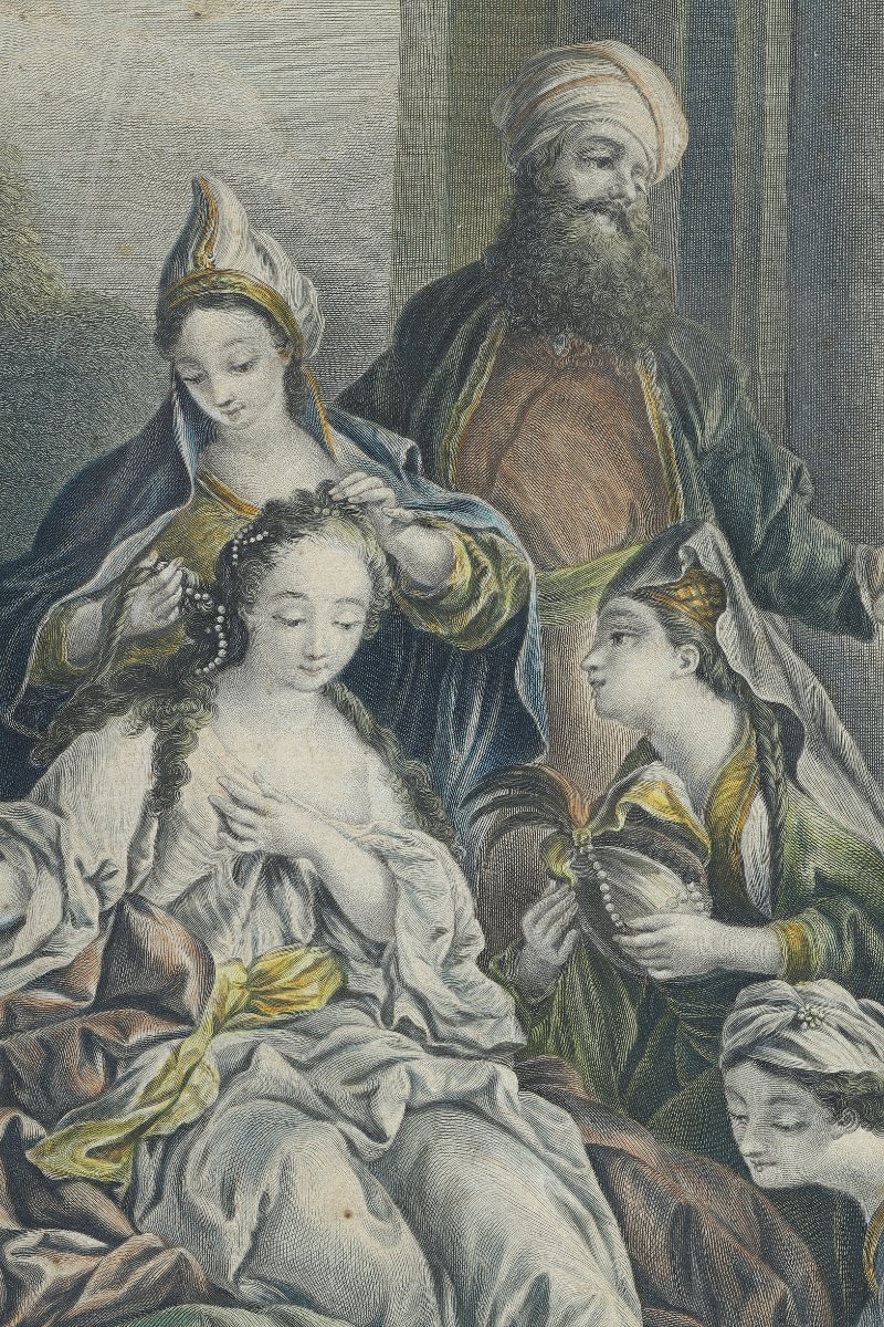 Engraving Enhanced With Watercolor, "esther's Toilet," Late 18th Century-photo-4