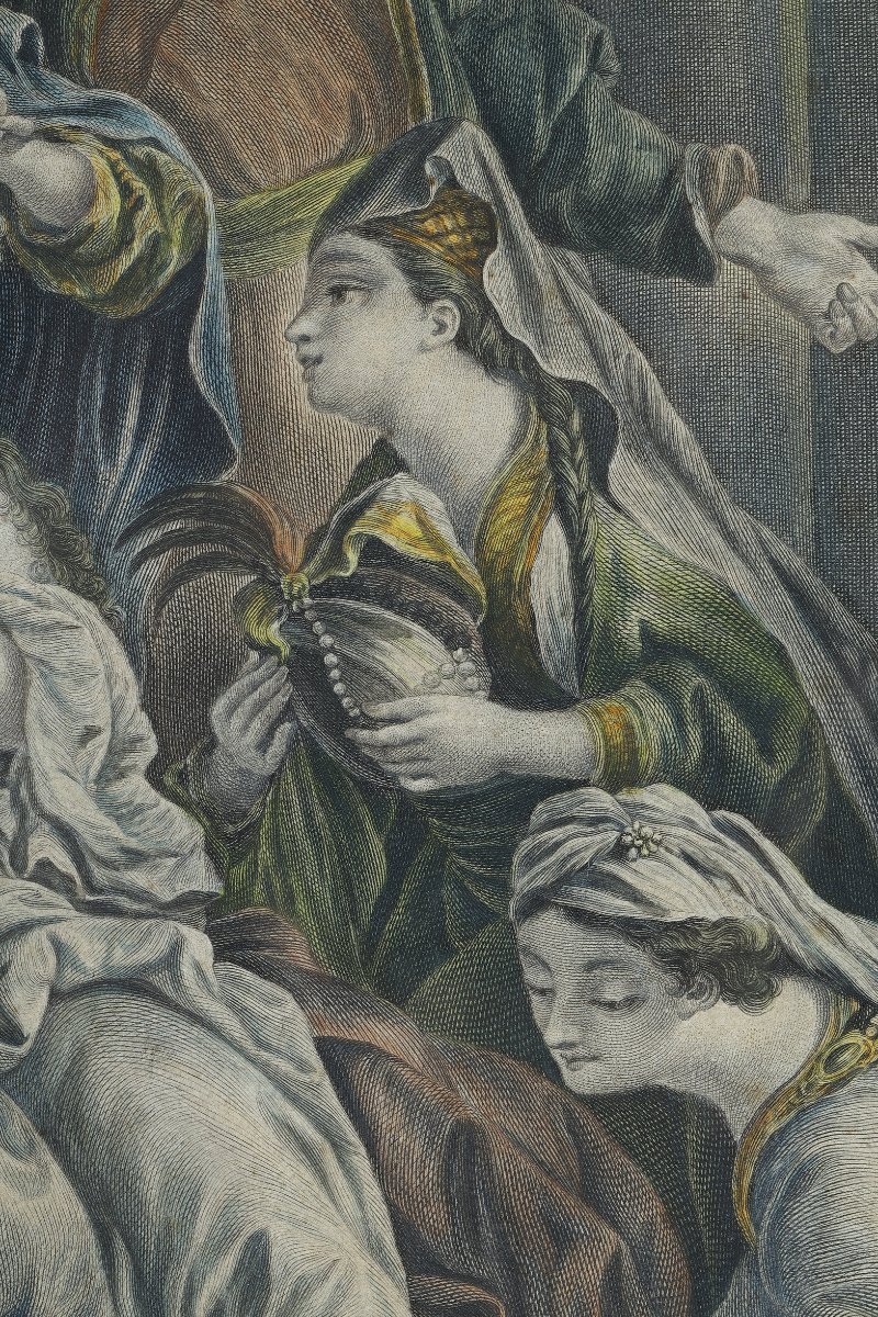 Engraving Enhanced With Watercolor, "esther's Toilet," Late 18th Century-photo-7