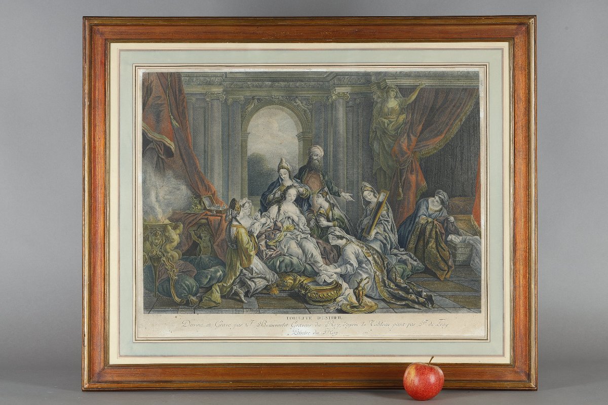 Engraving Enhanced With Watercolor, "esther's Toilet," Late 18th Century