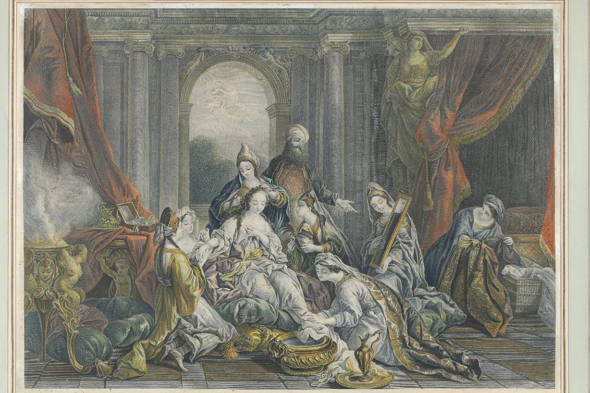 Gravure rehaussée à l’aquarelle de "La Toilette d’Esther", fin du XVIIIᵉ siècle