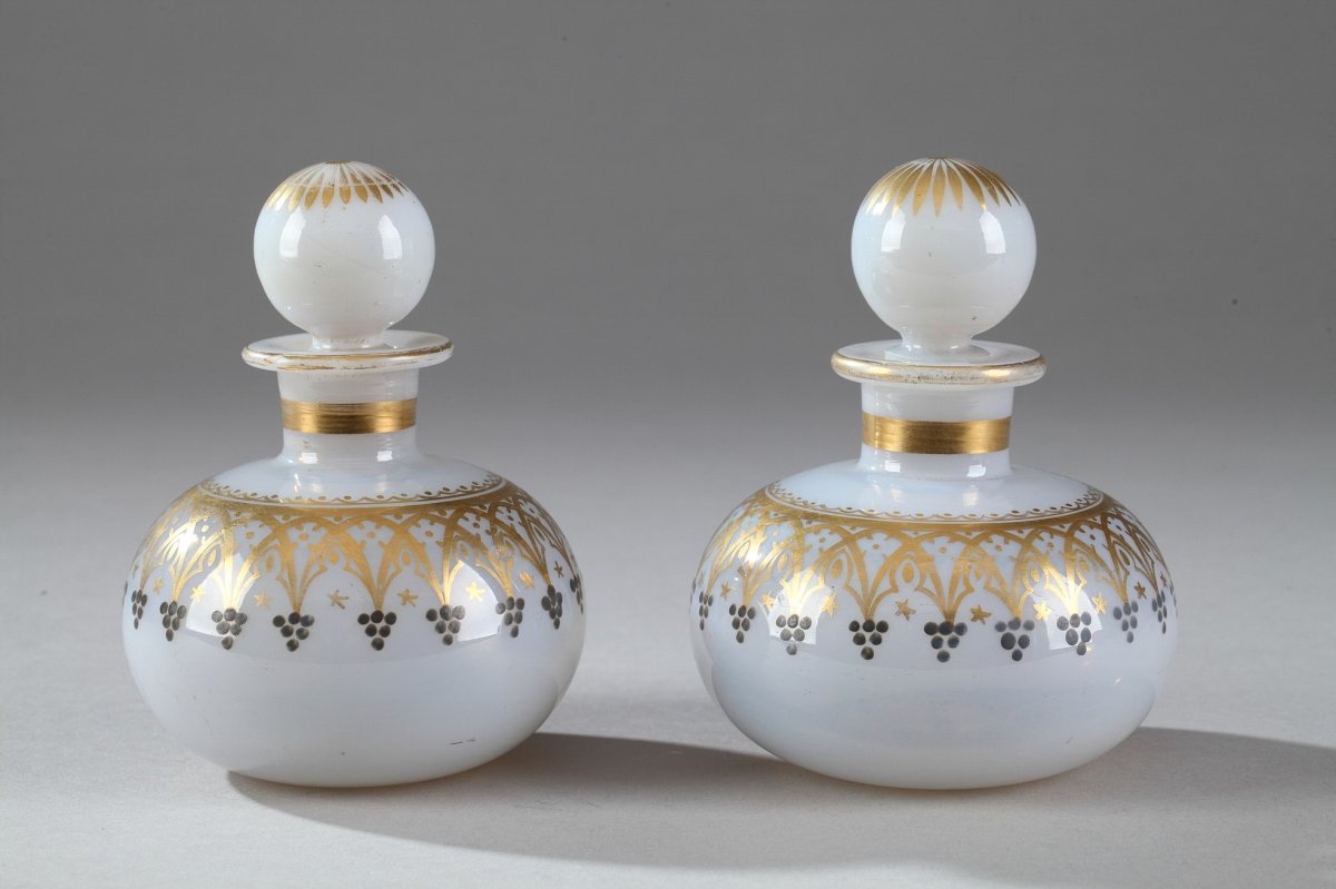Pair Of Opaline Flasks With Gothic Decoration