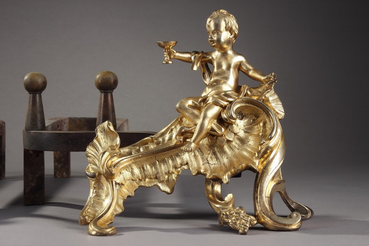 Pair Of Louis XV Gilt Bronze Andirons-photo-2