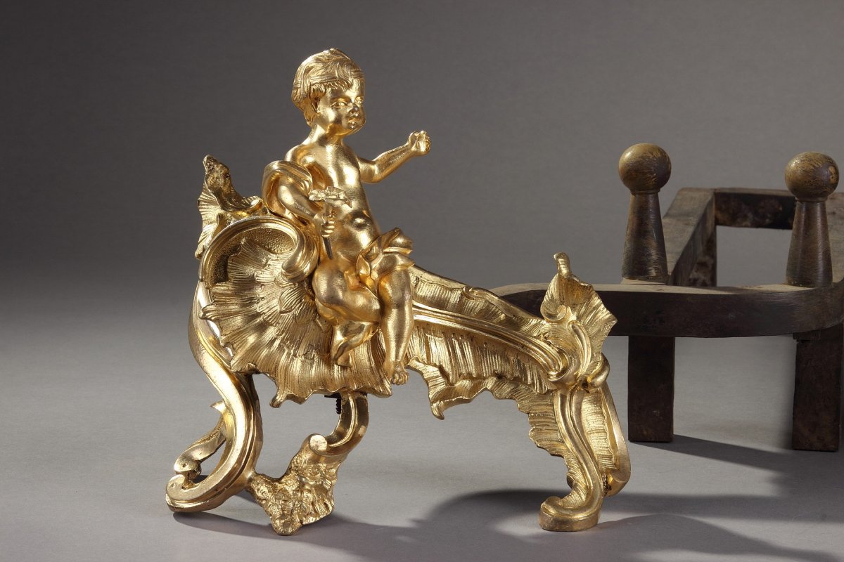 Paire De Chenets En Bronze Doré d'époque Louis XV-photo-3