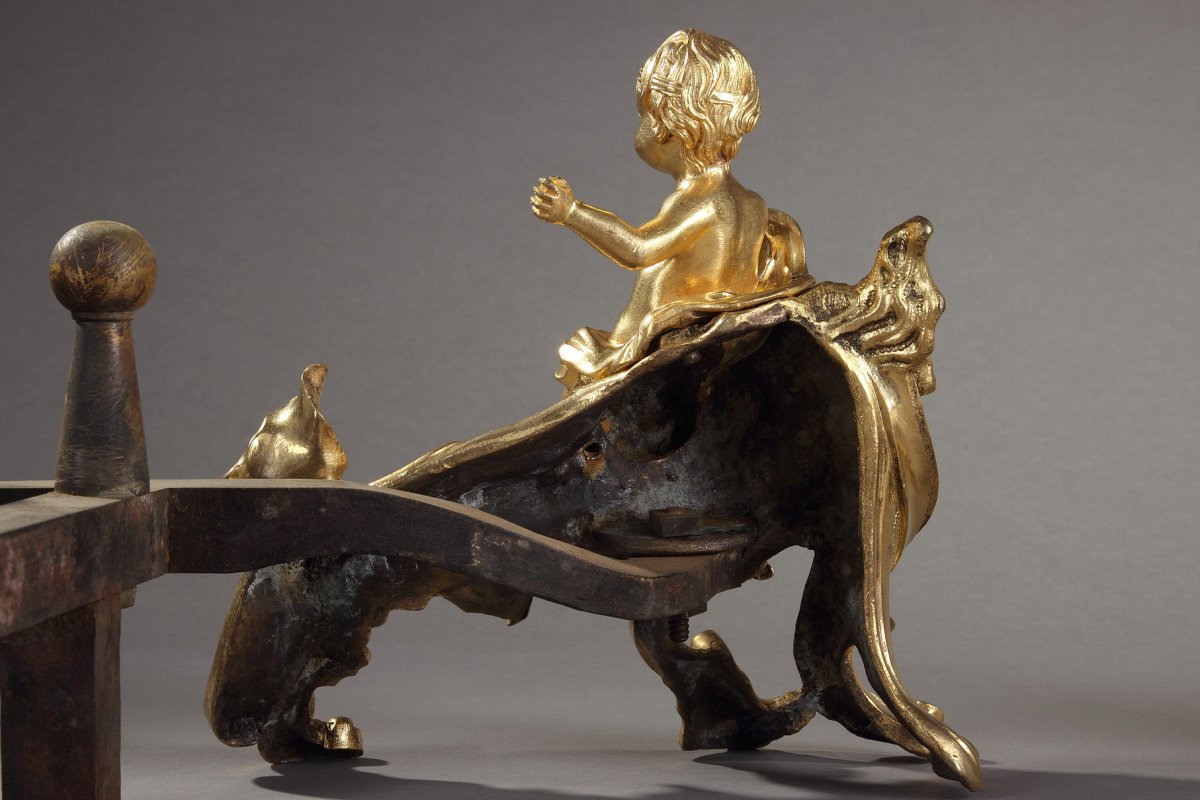 Paire De Chenets En Bronze Doré d'époque Louis XV-photo-6