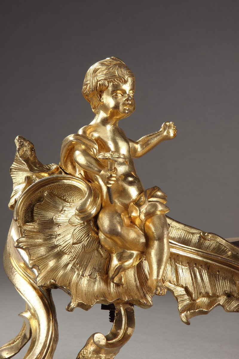 Paire De Chenets En Bronze Doré d'époque Louis XV-photo-7