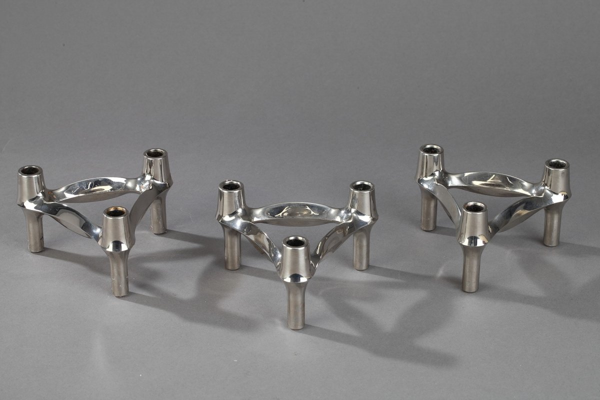 Set Of 3 Chrome-plated Metal Candlesticks By Bmf-photo-4