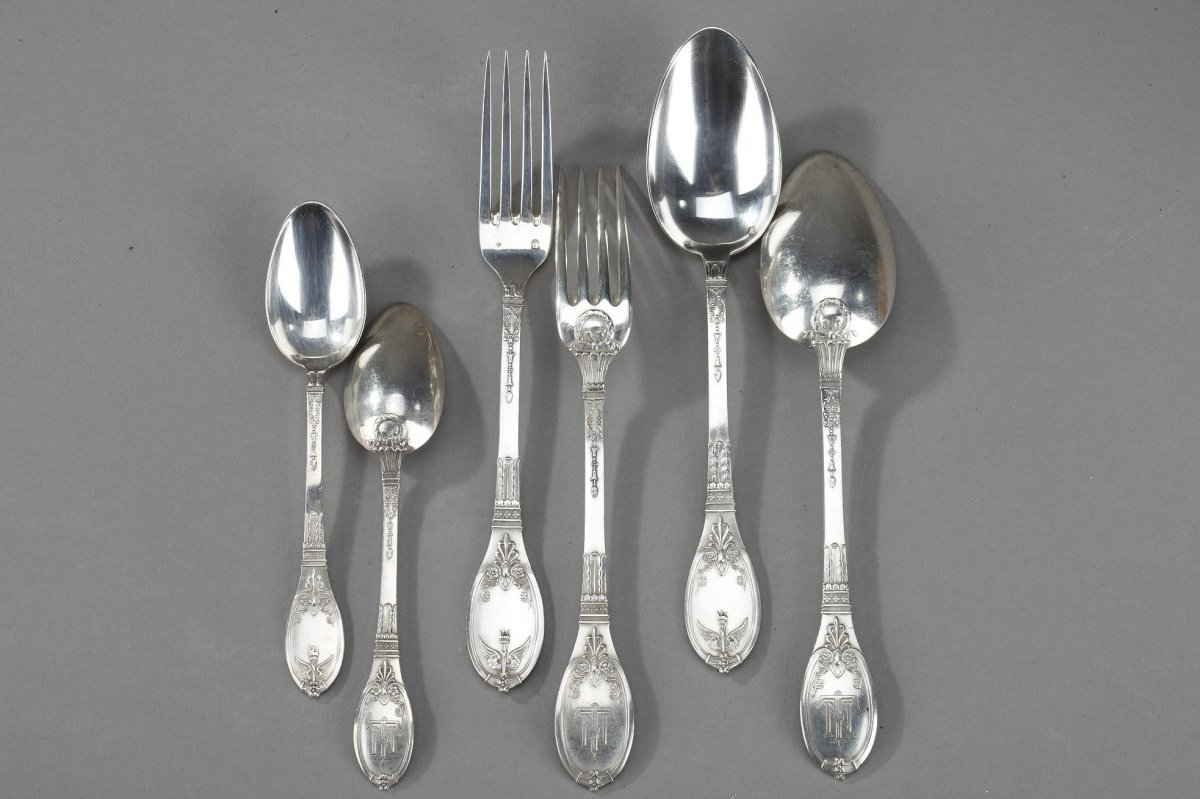 Sterling Silver Flatware Service By Silversmith Lappara & Gabril In A Case Signed Gorini Frères-photo-3