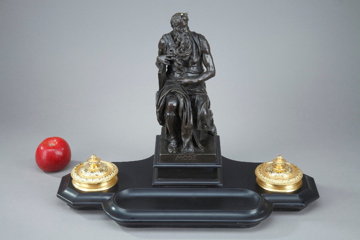 Marble Inkwell: Moses By Michelangelo, Napoleon III Period-photo-2