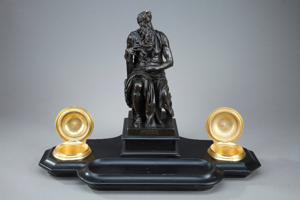 Marble Inkwell: Moses By Michelangelo, Napoleon III Period-photo-3