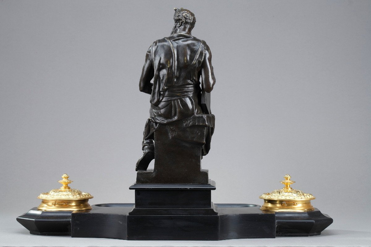 Encrier En Marbre Et Bronze Représentant Moïse De Michel-ange-photo-1