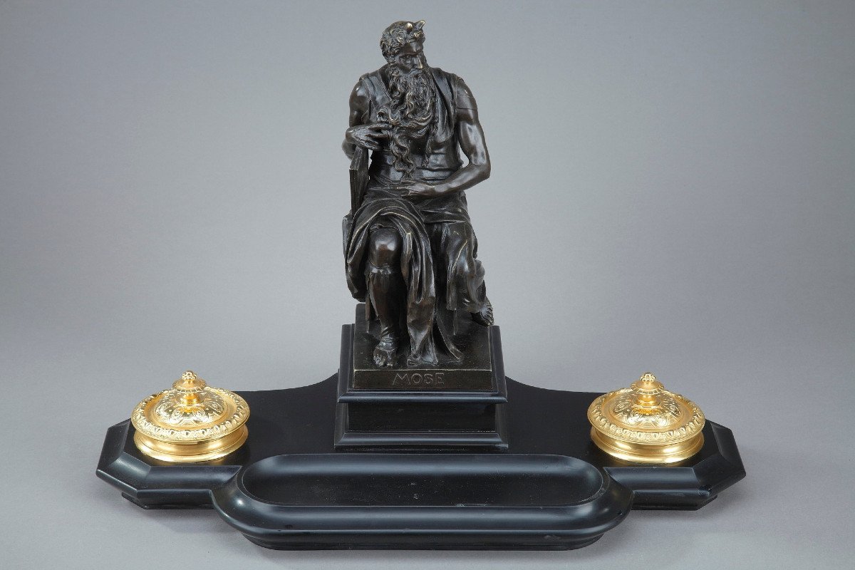 Marble Inkwell: Moses By Michelangelo, Napoleon III Period-photo-2