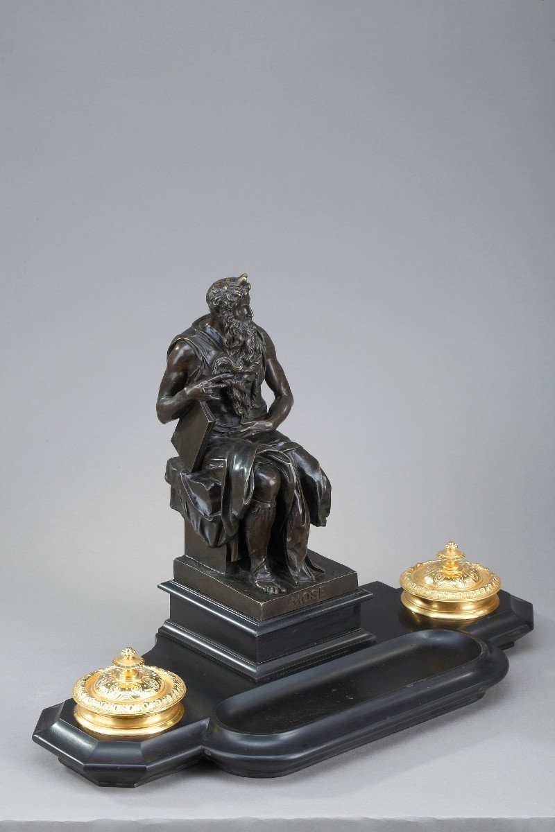 Encrier En Marbre Et Bronze Représentant Moïse De Michel-ange