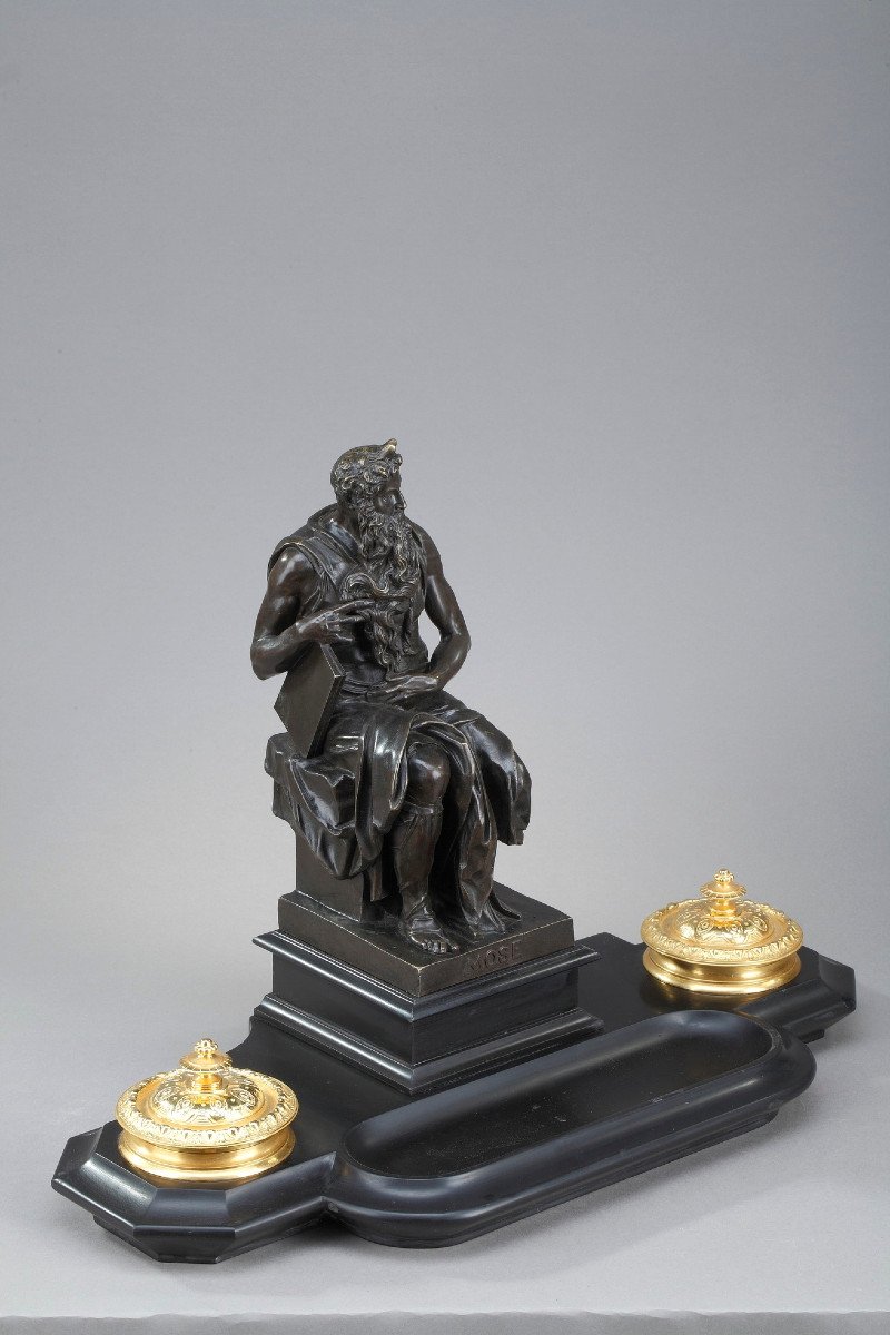 Marble Inkwell: Moses By Michelangelo, Napoleon III Period