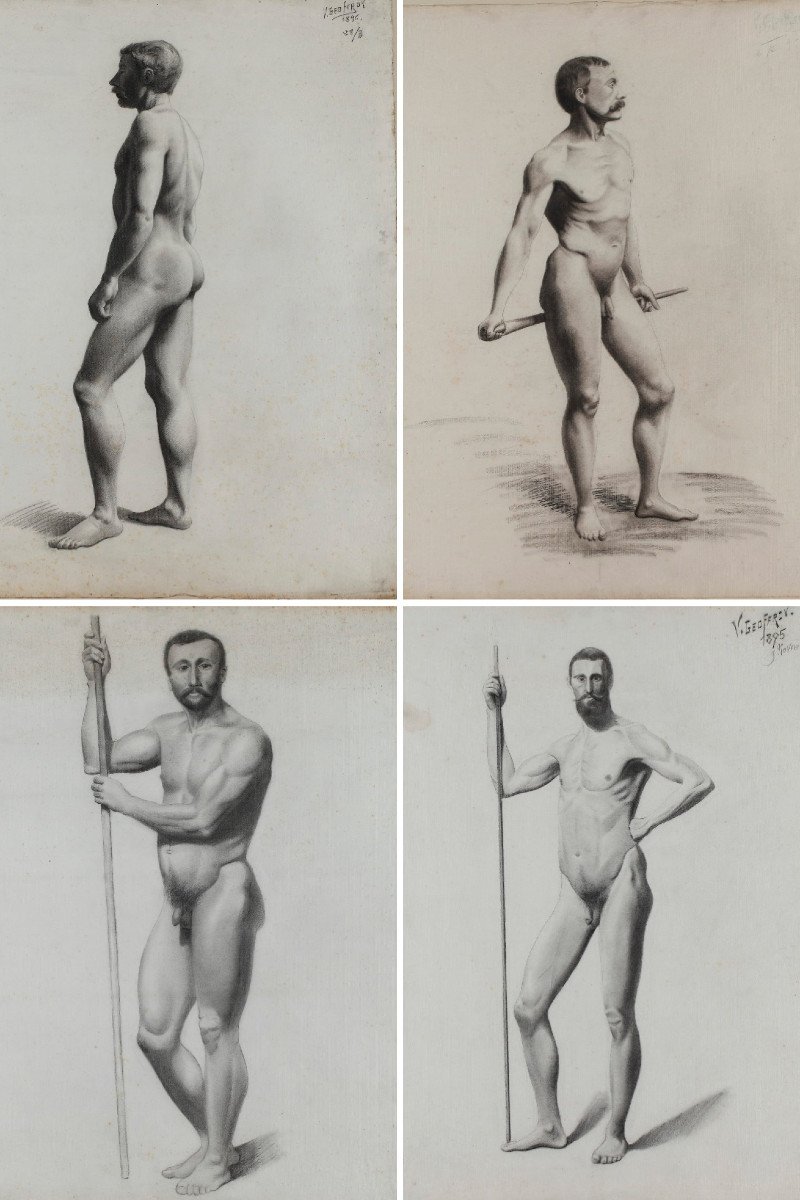 4 Nude Drawings After A Live Model By V. Geoffroy, Circa 1895