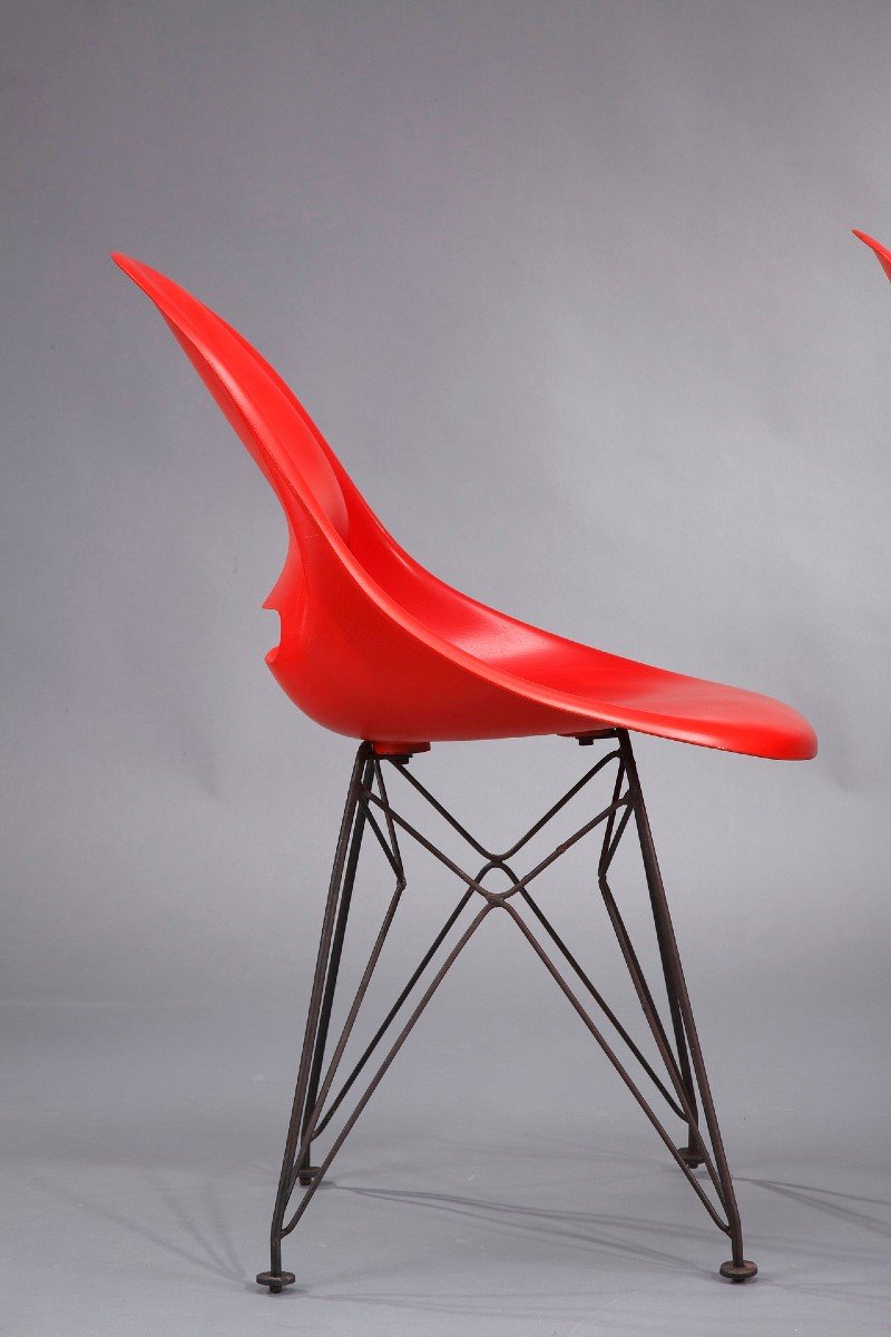 Set Of Four Red Chairs With Base In The Style Of Charles Eames-photo-7