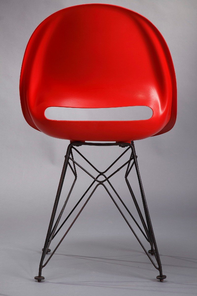 Set Of Four Red Chairs With Base In The Style Of Charles Eames-photo-8