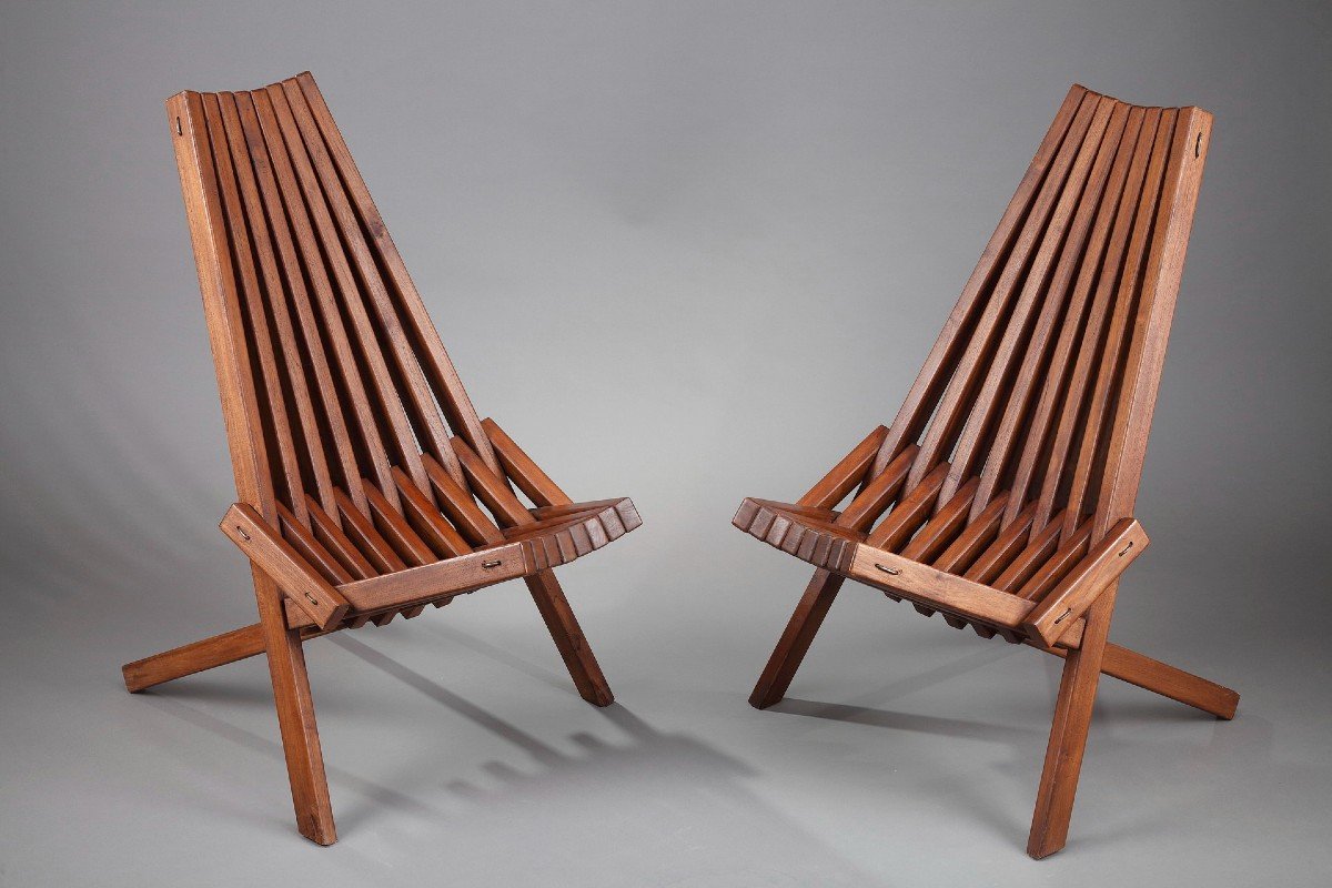 Paire De Chaises Pliantes En Teck Scandinaves -photo-2