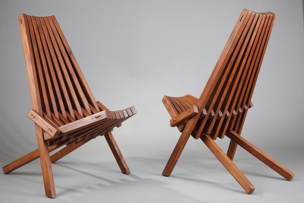 Paire De Chaises Pliantes En Teck Scandinaves -photo-4