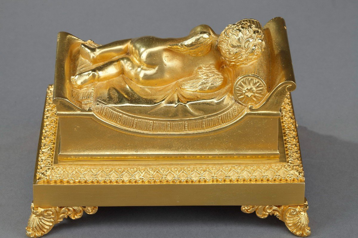 Bronze Inkwell Of A Sleeping Putto-photo-3