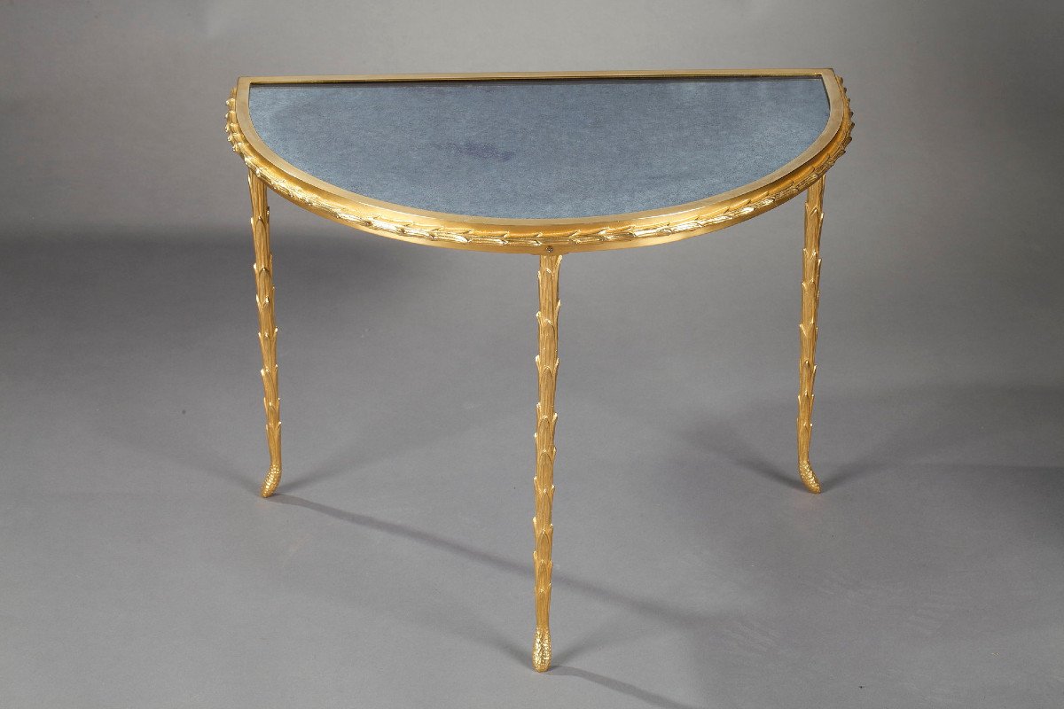 Small Half Moon Table With Aged Mirror Top In Bronze, Maison Baguès-photo-3