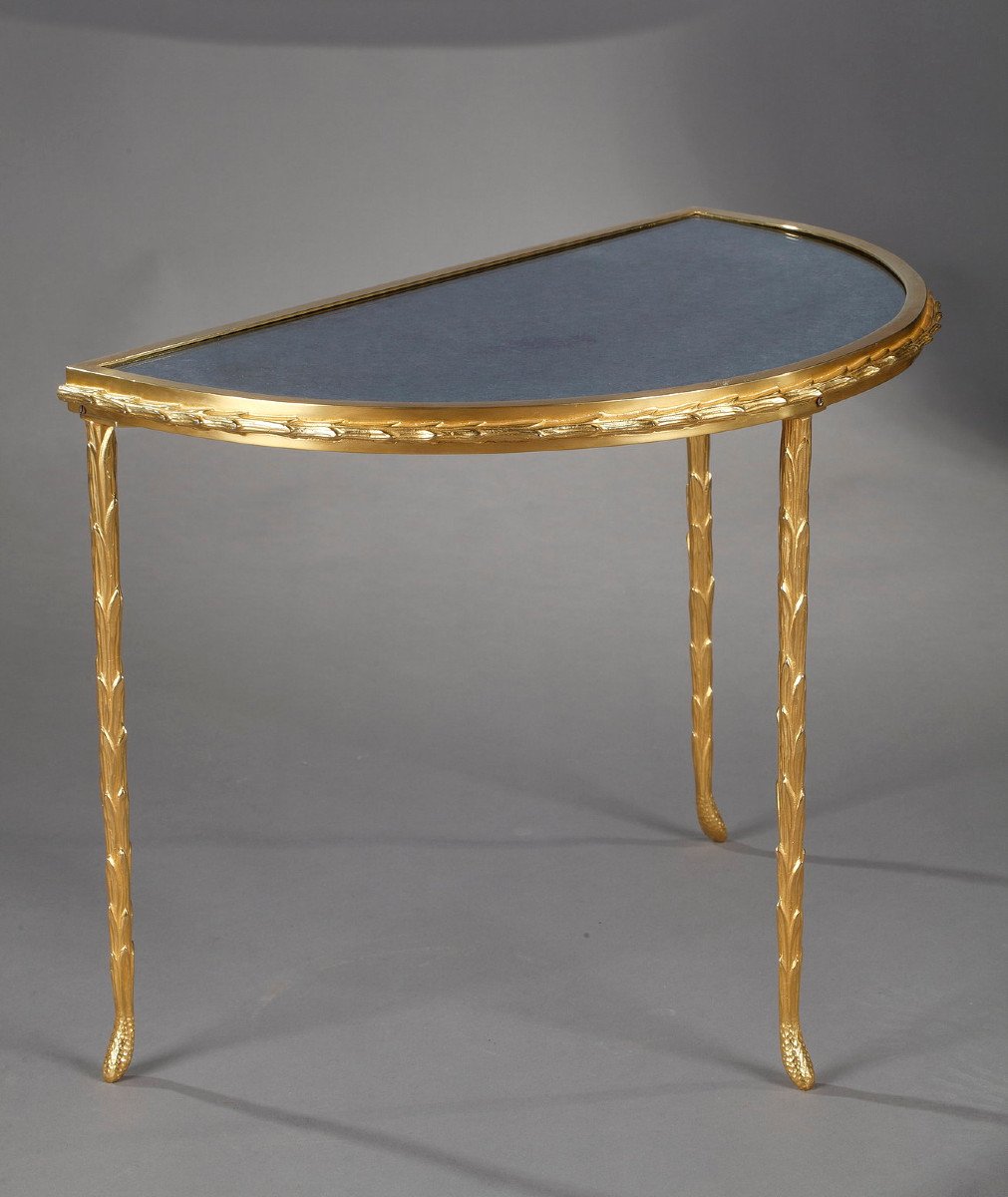 Small Half Moon Table With Aged Mirror Top In Bronze, Maison Baguès-photo-4