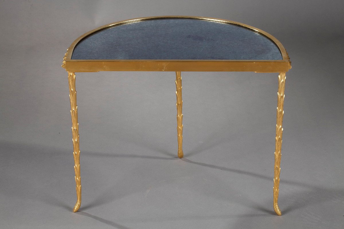 Small Half Moon Table With Aged Mirror Top In Bronze, Maison Baguès-photo-2