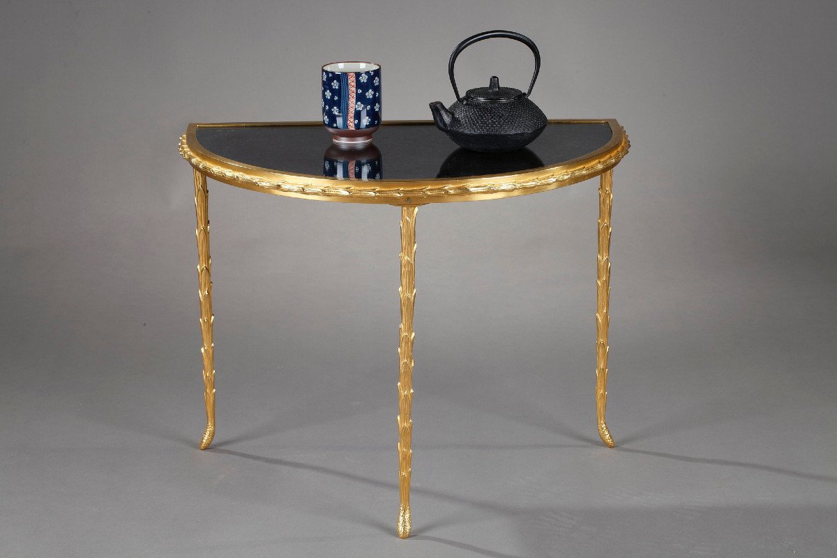 Small Half Moon Table With Aged Mirror Top In Bronze, Maison Baguès-photo-8