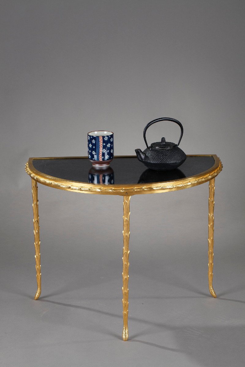 Small Half Moon Table With Aged Mirror Top In Bronze, Maison Baguès